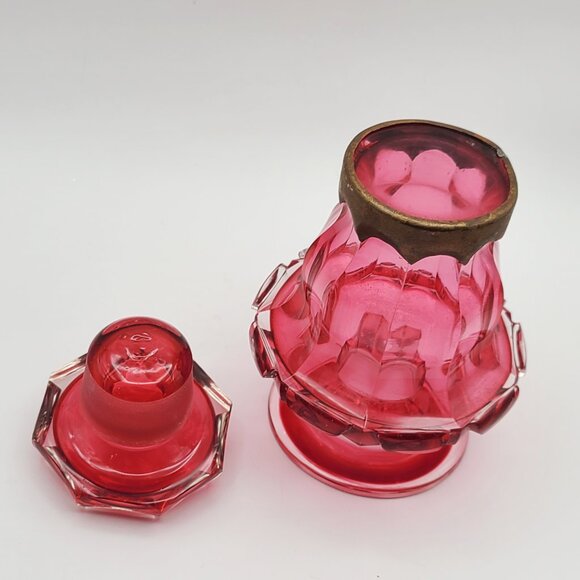 Vintage Cranberry Glass Apothecary or Dresser Jar with Mushroom Stopper 6 1/2" H - Picture 8 of 12